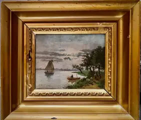 Hollandse school (XIX-XX) - Waterlandschap met een zijlboot en visser