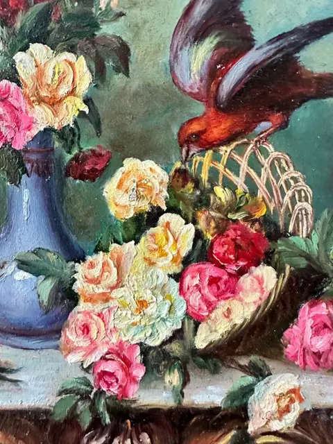 Nicolas Moreau (XX) - L'oiseau et le bouquet de fleurs