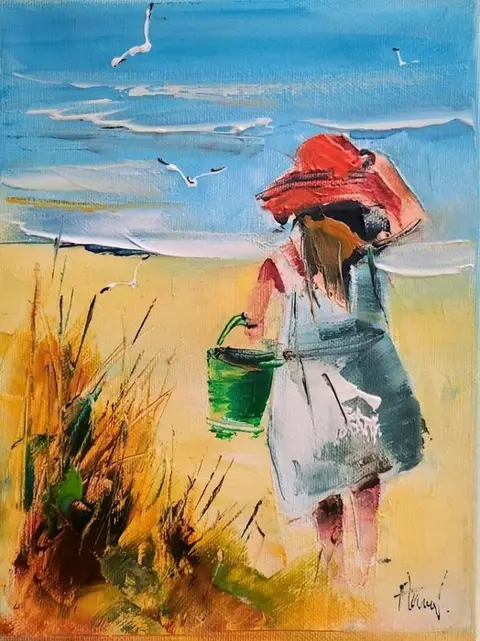 Alfred Anioł (1967) - Sunflowers and On the beach, 2 paintings