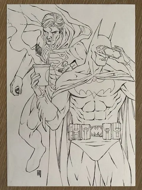 Batgirl, Batman, Superman, The Punisher - Lot 4 dessins originaux "héros DC" à l'encre par Walter Geovani - Losbladig - Uniek exemplaar - (2018)