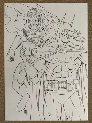 Batgirl, Batman, Superman, The Punisher - Lot 4 dessins originaux "héros DC" à l'encre par Walter Geovani - Losbladig - Uniek exemplaar - (2018)