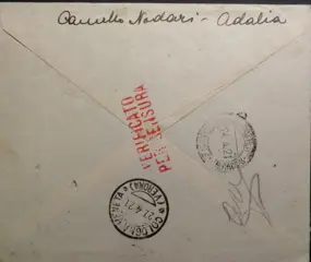 Italië 1921 - Sassone no. 77 and 82 on registered cover 1921 - Poste Italiane Adalia (Anatolia)