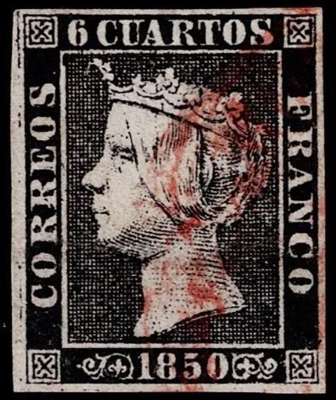 Spanje 1850 - Isabella II, 6 cuartos black. 2 stamps with Baeza type dater, types 3 and 4 - Edifil I