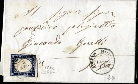Italiaanse oude staten - Sardinië 1860/1863 - Lot of 5 documents, 3 with text, with various postage. - Sassone 14Dd+13Ea, 14Ch, 14D, 15Ba, 15Ea.