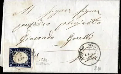 Italiaanse oude staten - Sardinië 1860/1863 - Lot of 5 documents, 3 with text, with various postage. - Sassone 14Dd+13Ea, 14Ch, 14D, 15Ba, 15Ea.