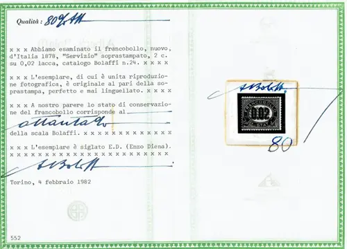 Koninkrijk Italië 1879 - Overprinted service, 2 cents on 0.02, centred. MNH - Sassone 29
