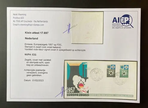 Nederland 1957 - FDC Europa, met variëteit - NVPH E32