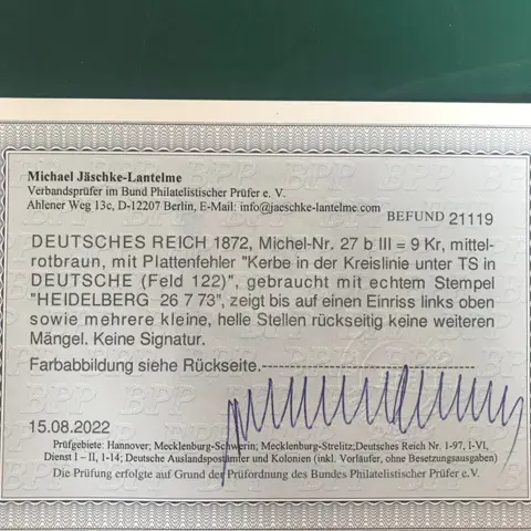 Duitse Rijk 1872 - 9 Kreuzer in b nuance met plaatfout en fotocertificaat BPP - Michel 27b III
