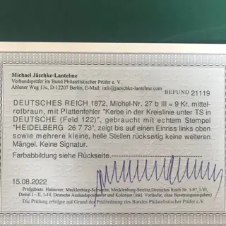 Duitse Rijk 1872 - 9 Kreuzer in b nuance met plaatfout en fotocertificaat BPP - Michel 27b III