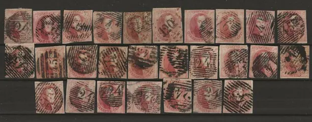 België 1851 - Medaillons met watermerk zonder kader - diverse nuances, papiersoorten en stempels - OBP/COB 6 (x50), 7 (x50), 8 (x27)