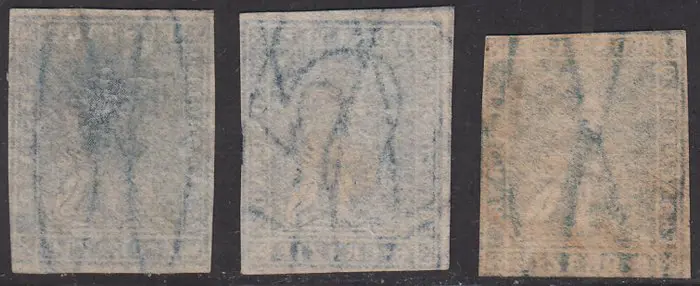 Italiaanse oude staten - Toscane 1857 - 2nd issue, 2 crazie and 6 crazie on white paper, wavy lines watermark, the catalogued shades - Sassone N. 13, 13a, 13b, 15, 15a, 15b