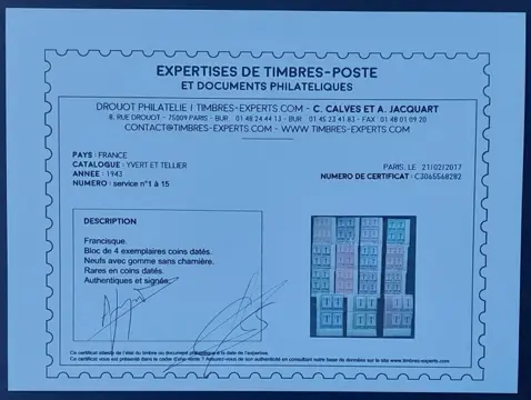Frankrijk 1943 - Francisque, complete series in blocks of 4, dated corners - Yvert Service 1-15