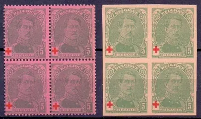 België 1914 - Klein medaillon Albert I : private herdrukken/kleurproeven getand en ongetand - OBP/COB 129/31 in blokken van 4