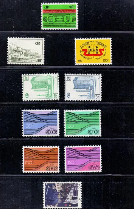 België 1967/1980 - Verzameling spoorwegzegels met Stations van Aarlen en Oostende en goederenwagons - OBP/COB TR400/454