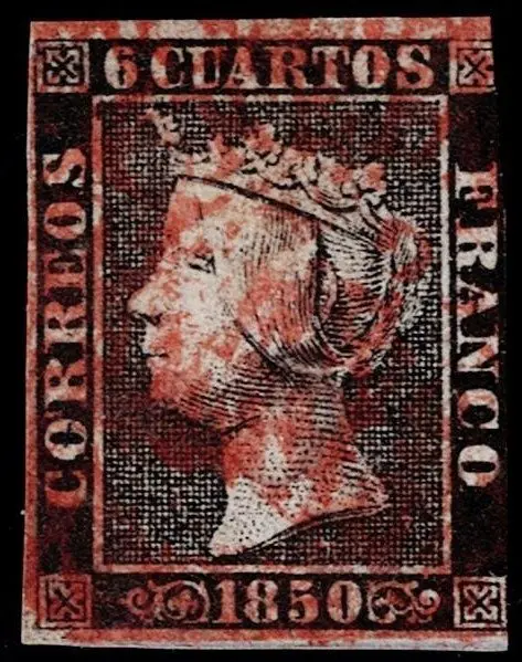 Spanje 1850 - Isabella II. 6 cuartos black, Baeza type dater. Plate I, types 1 and 2. One from Adra, Almería. - Edifil 1