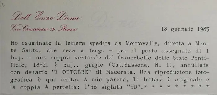 Italiaanse oude staten - Pauselijke Staat 1852 - Pair of 1/2 baj in vertical on letter from Morrovalle to Monte Santo - Sassone n. 1