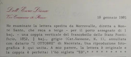 Italiaanse oude staten - Pauselijke Staat 1852 - Pair of 1/2 baj in vertical on letter from Morrovalle to Monte Santo - Sassone n. 1