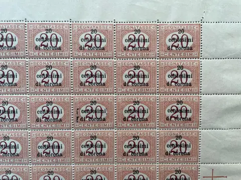 Italië - Julian Venetië 1919 - Tasse, 20 su 20 cent arancio e carminio due blocchi - Sassone S3