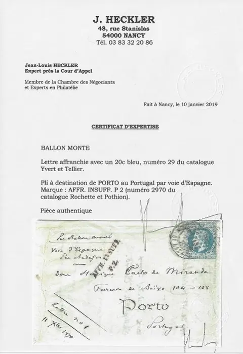 Frankrijk 1870 - Very rare ‘Ville de Paris’ balloon mail, very rare destination and composition, Porto, Portugal - Yvert et Tellier n°29