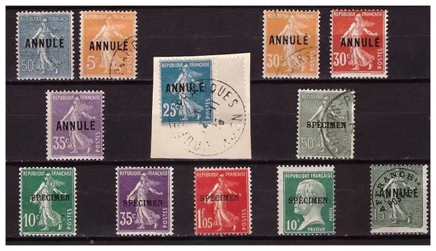 Frankrijk 1911/1923 - Lot of 14 different stamps, Merson, ‘Semeuse’, Pasteur, Instructional Courses and pre-cancelled - Surcharge ANNULE & DOUBLE ANNULE & SPECIMEN