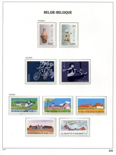 België 2001 - Volledig jaar : Zegels, blokken en boekjes op Davo-bladen