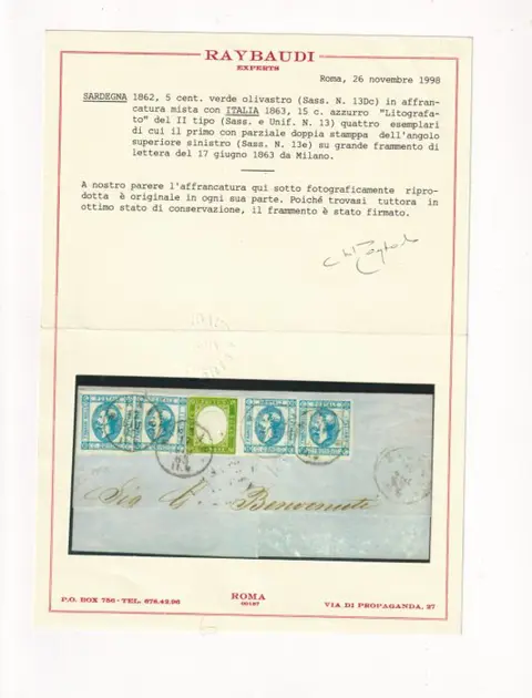 Koninkrijk Italië 1863 - mista Sardegna 5 c. + Regno 15 c. x 3 + 15 c. Doppia Stampa Rarità Certificata - Sassone 13E+13+13e