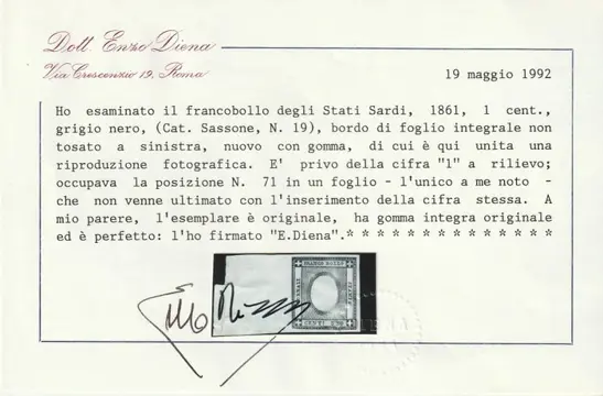 Italiaanse oude staten - Sardinië 1861 - Newspapers, 1 c. black grey without figure, wide margins, sheet margin, intact, extra-luxury, rare, - Sassone n.19h
