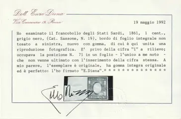 Italiaanse oude staten - Sardinië 1861 - Newspapers, 1 c. black grey without figure, wide margins, sheet margin, intact, extra-luxury, rare, - Sassone n.19h