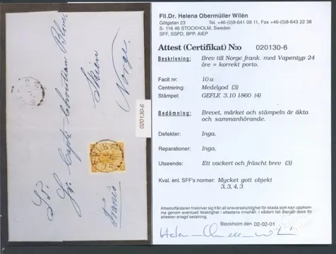 Zweden 1860 - Brief Zweden (Gefle) naar Noorwegen met Obermüller certificaat - Facit 10a