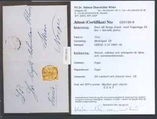 Zweden 1860 - Brief Zweden (Gefle) naar Noorwegen met Obermüller certificaat - Facit 10a