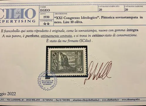 Italiaanse Egeïsche Eilanden - Rodi - Aegean Islands 1930, “XXI Congresso Idrologico” 10&nbsp;lire, brown-olive - Sassone N. 20