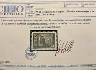 Italiaanse Egeïsche Eilanden - Rodi - Aegean Islands 1930, “XXI Congresso Idrologico” 10&nbsp;lire, brown-olive - Sassone N. 20