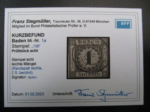 Baden - AD-Baden Nr. 1a, 1851, Ziffer im Kreis, gestempelt, BPP Befund