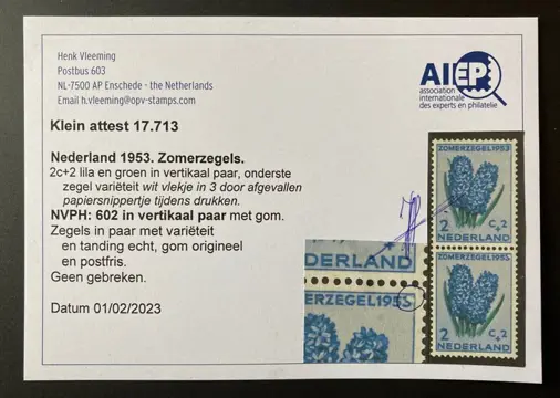 Nederland 1953 - Zomerzegel, met variëteit wit plekje - NVPH 602