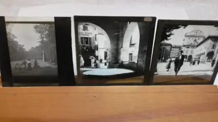 86 Glasdia's voor de toverlantaarn in kleur en zwartwit ( 8,2 x 8,2 )