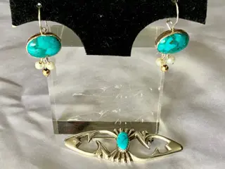 925 Zilver - Broche, Oorbellen Turquoise - Turkooizen