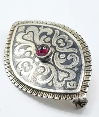 AntiekZilveren- Niello & Granaat - 925 Zilver - Broche