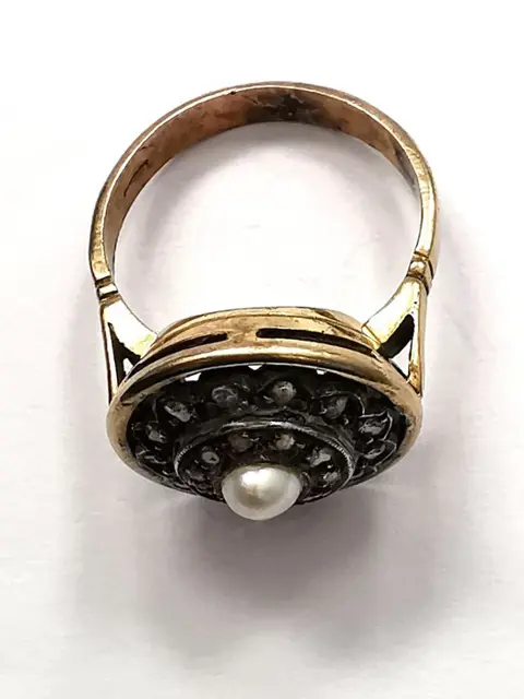 "NO RESERVE PRICE" - 14 karaat Geel goud, Zilver - Ring - 0.36 ct Diamant - Parel