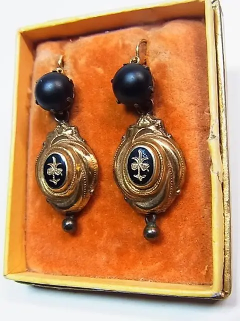 victorianische Goldohrringe mit schwarzem Emaille - 14 karaat Geel goud - Oorbellen - zwarte jet cabochons, zwart email