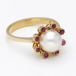No reserve - 18 karaat Goud - Ring - 0.16 ct Robijn - Parel