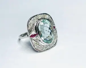 18 karaat Goud - Ring - 5.90 ct Aquamarijn - Diamanten, Robijnen