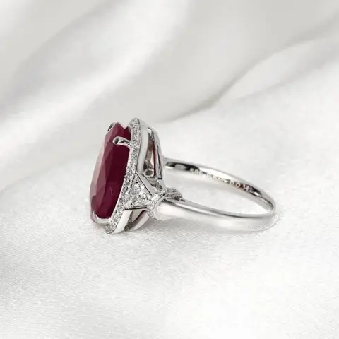 No Reserve Price - 6.96 ct No Heated Ruby & 0.34 Ct Diamonds - 14 karaat Witgoud - Ring Robijn - Diamanten, IGI gecertificeerd