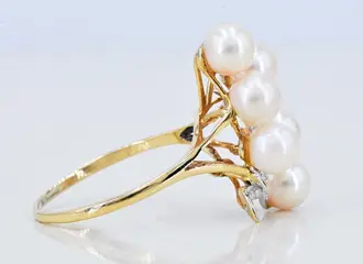 Geel goud, Witgoud - Ring Akoya parel - Diamanten