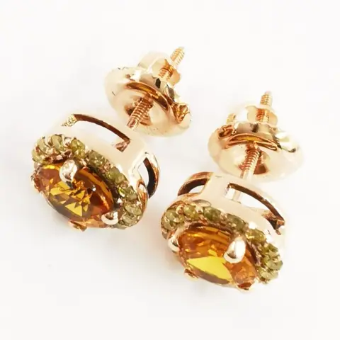 2.16 ct orange sapphire & 0.30 ct fancy vivid yellow diamonds designer halo stud earrings - 14 karaat Rosé goud - Oorbellen Saffier - Diamanten, GWLAB-gecertificeerd, geen reserve