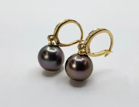 9x10mm Peacock Tahitian Pearl Drops - 14 karaat Geel goud - Oorbellen - 0.09 ct