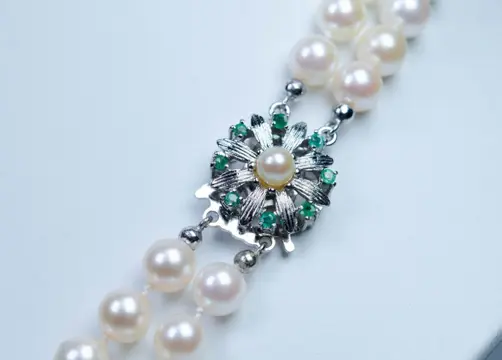 925 Zilver - Halsketting - 0,25 ct smaragden - Ø 6,5-7 mm Akoya parels