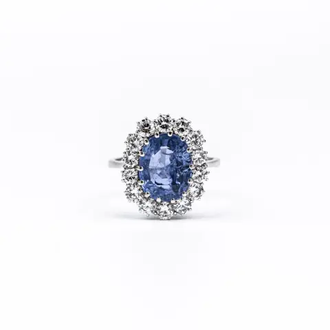 18 karaat Witgoud - Ring - 5.25 ct Saffier - Diamanten