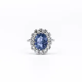 18 karaat Witgoud - Ring - 5.25 ct Saffier - Diamanten