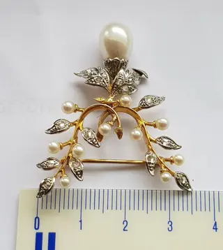 18 karaat Geel goud, Platina - Broche Natuurlijke parel - Diamanten