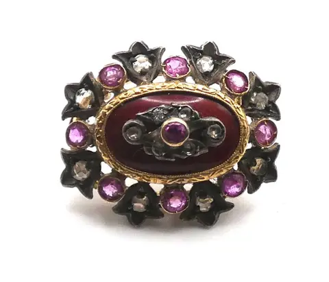 18 karaat Goud, Zilver - Broche Robijn